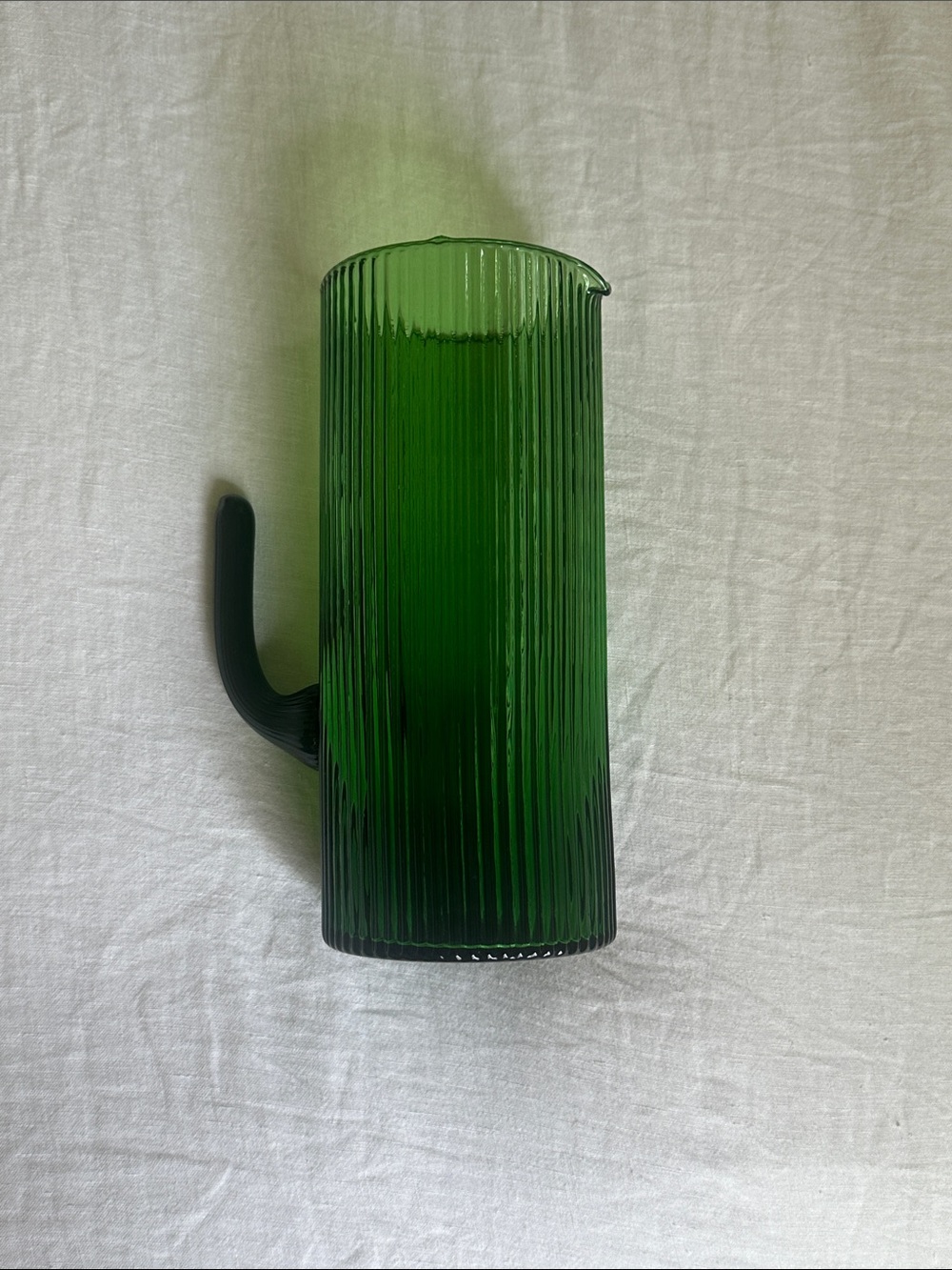 Anthropologie Deep Green Ribbed Glass Pitcher